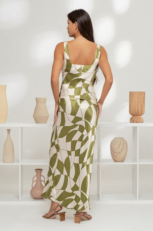 SET 083 - Geo Checkered Satin Midi Skirt