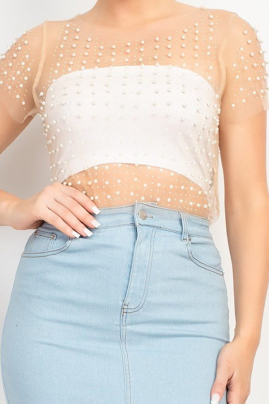 DT 1826 - Pearl Detail Mesh Crop Top
