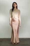 SKT 958 - Satin Asymmetrical Side Slit Midi Skirt