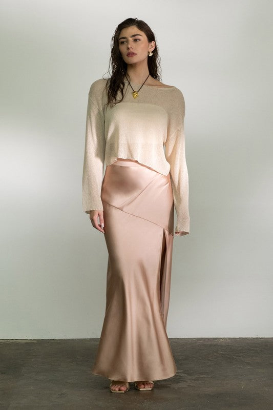 SKT 958 - Satin Asymmetrical Side Slit Midi Skirt