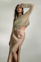 SKT 958 - Satin Asymmetrical Side Slit Midi Skirt