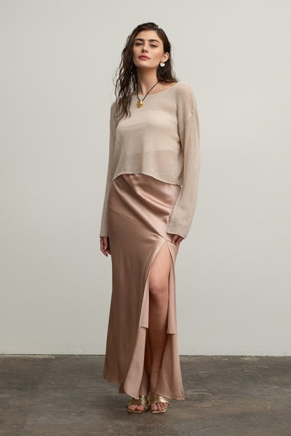 SKT 958 - Satin Asymmetrical Side Slit Midi Skirt