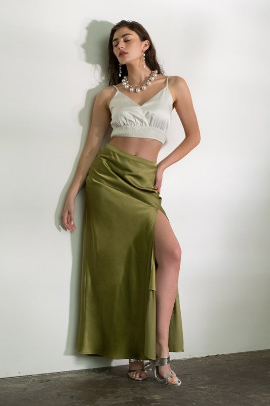 SKT 958 - Satin Asymmetrical Side Slit Midi Skirt