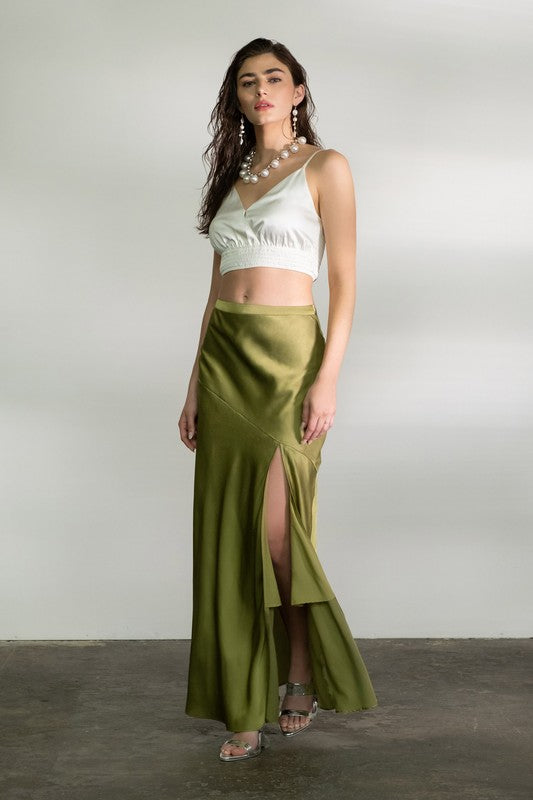SKT 958 - Satin Asymmetrical Side Slit Midi Skirt