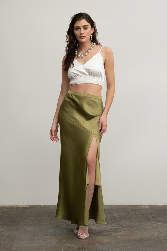 SKT 958 - Satin Asymmetrical Side Slit Midi Skirt