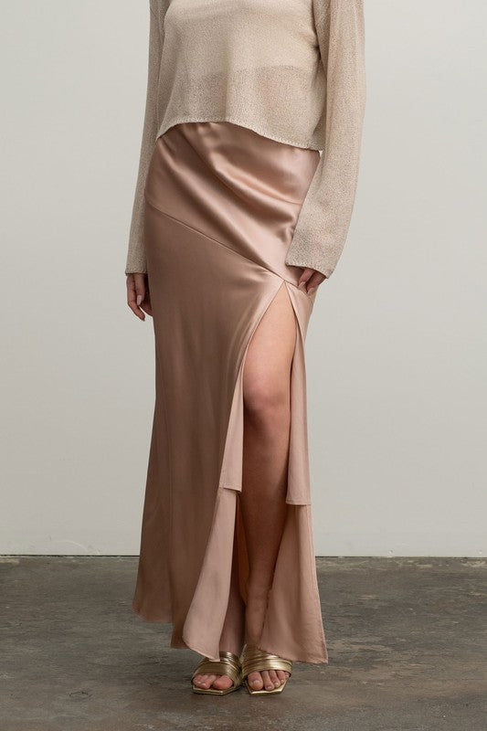 SKT 958 - Satin Asymmetrical Side Slit Midi Skirt