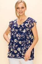 CT 2763 - Floral Print V Neck Sleeveless Ruffle