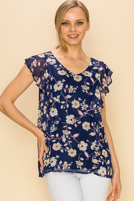 CT 2763 - Floral Print V Neck Sleeveless Ruffle