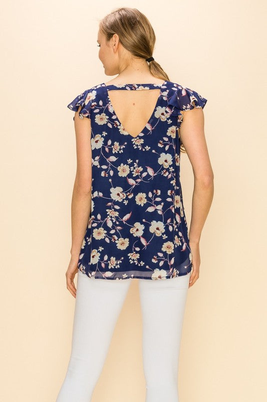 CT 2763 - Floral Print V Neck Sleeveless Ruffle