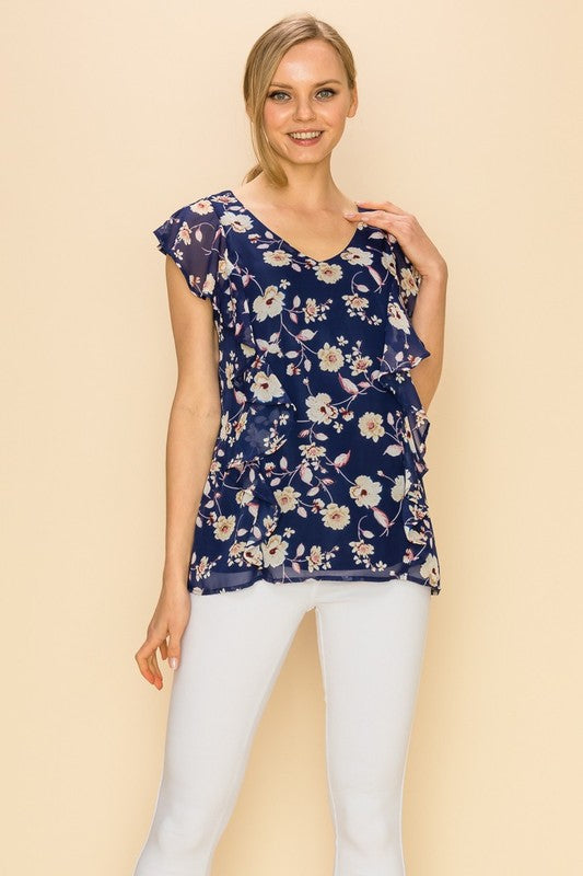 CT 2763 - Floral Print V Neck Sleeveless Ruffle