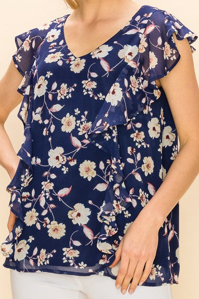 CT 2763 - Floral Print V Neck Sleeveless Ruffle