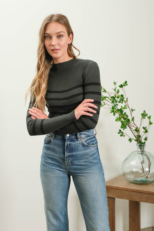 SWT 017 - Striped Mock Neck Knit Sweater