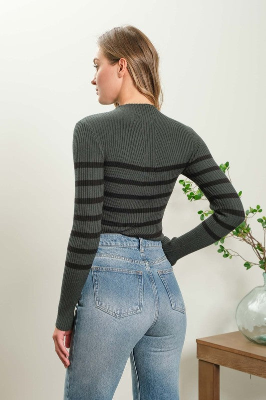 SWT 017 - Striped Mock Neck Knit Sweater