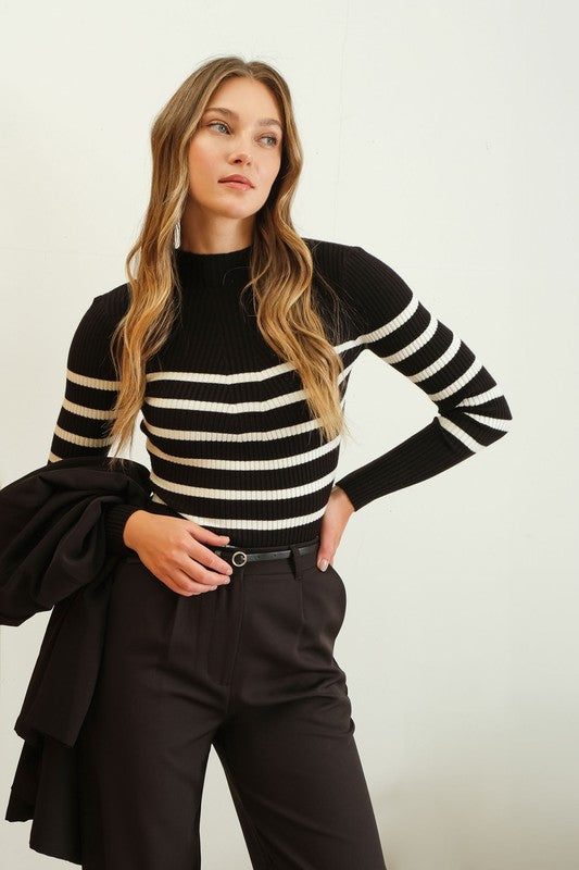 SWT 017 - Striped Mock Neck Knit Sweater