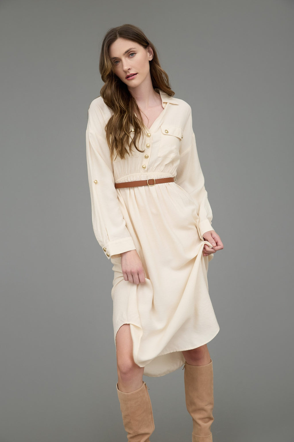 LD 632 - 3/4 Sleeve Belted Midi Dress