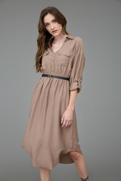 LD 605 - 3/4 Sleeve Belted Midi Dress