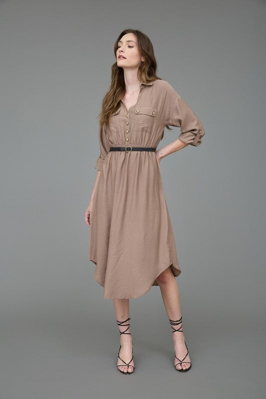 LD 605 - 3/4 Sleeve Belted Midi Dress