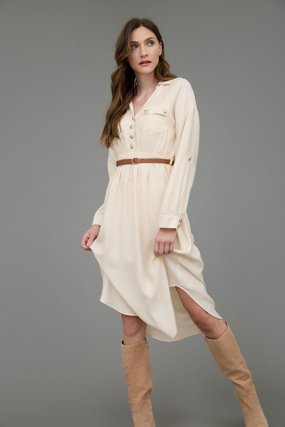 LD 632 - 3/4 Sleeve Belted Midi Dress