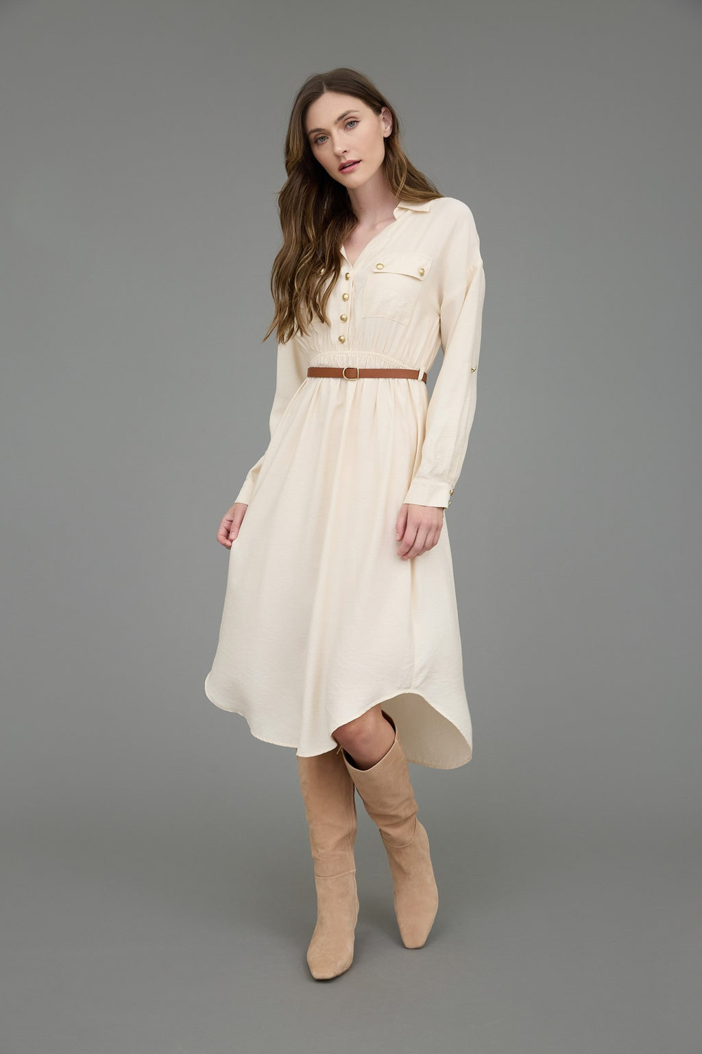 LD 632 - 3/4 Sleeve Belted Midi Dress