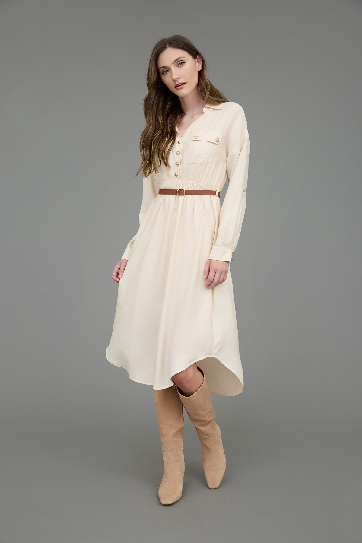 LD 632 - 3/4 Sleeve Belted Midi Dress