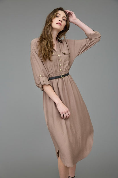 LD 605 - 3/4 Sleeve Belted Midi Dress