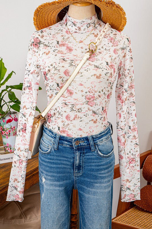 DT 1791 - Floral Long Sleeve Mesh Top