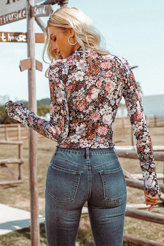 DT 1791 - Floral Long Sleeve Mesh Top