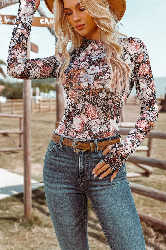 DT 1791 - Floral Long Sleeve Mesh Top
