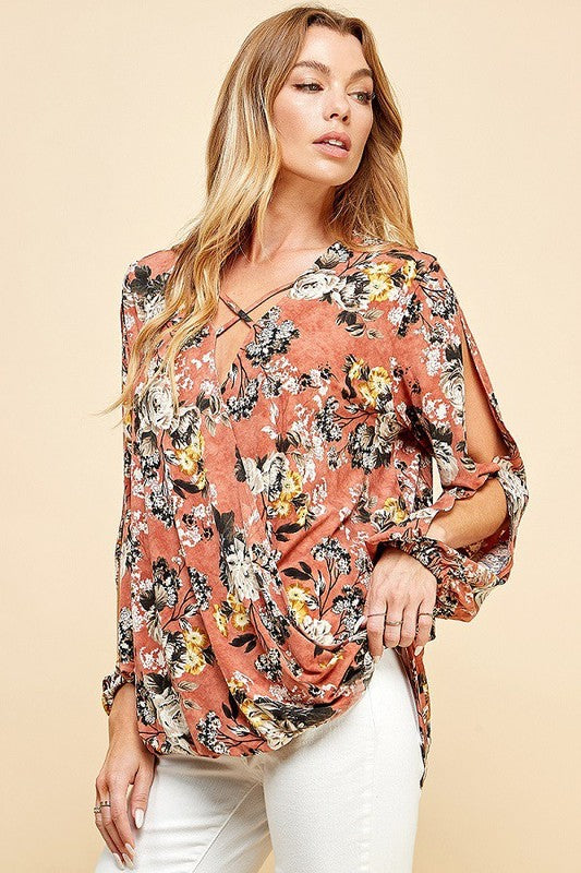 CT 2762 - Floral Criss Cross Cuffed Open Sleeve Top