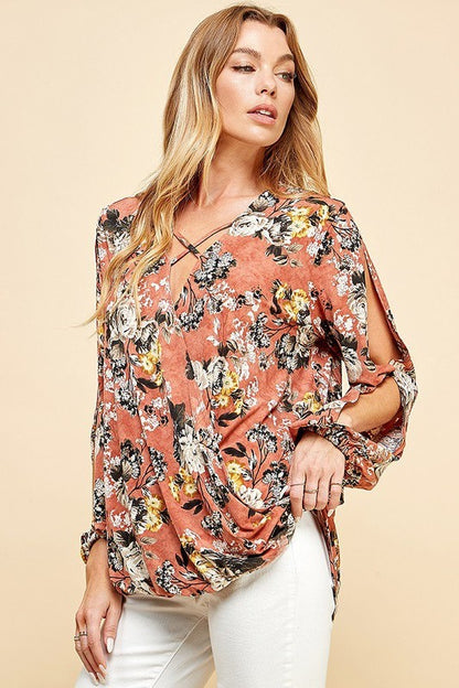 CT 2762 - Floral Criss Cross Cuffed Open Sleeve Top