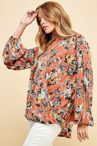 CT 2762 - Floral Criss Cross Cuffed Open Sleeve Top