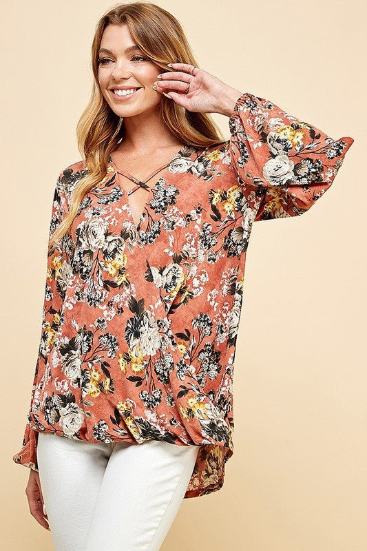 CT 2762 - Floral Criss Cross Cuffed Open Sleeve Top