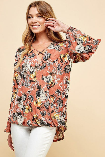 CT 2762 - Floral Criss Cross Cuffed Open Sleeve Top