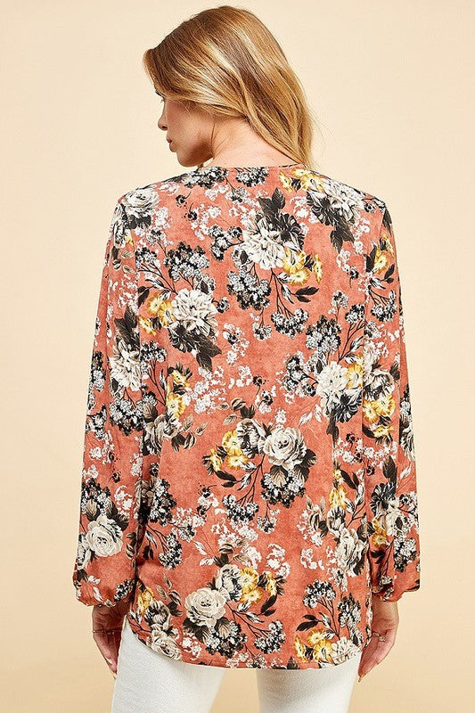 CT 2762 - Floral Criss Cross Cuffed Open Sleeve Top