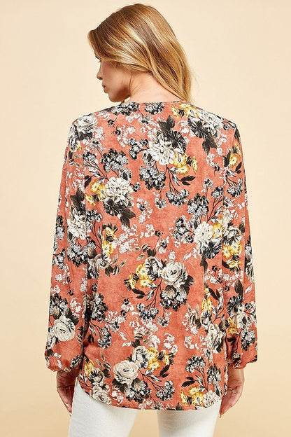 CT 2762 - Floral Criss Cross Cuffed Open Sleeve Top