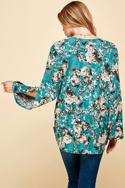 CT 2762 - Floral Criss Cross Cuffed Open Sleeve Top