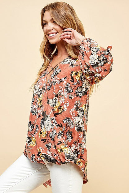 CT 2762 - Floral Criss Cross Cuffed Open Sleeve Top