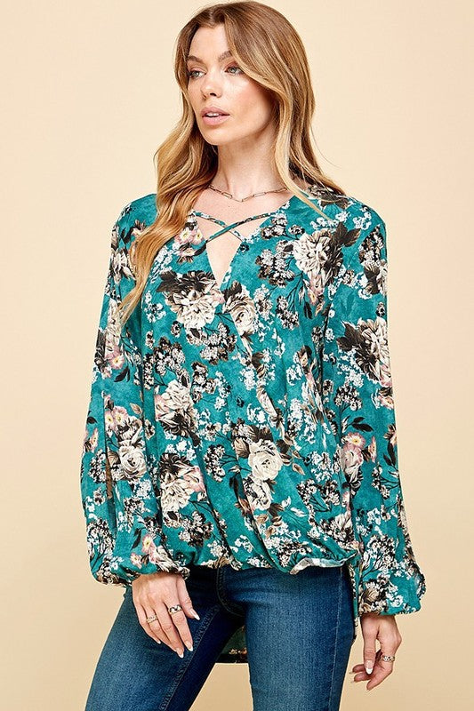 CT 2762 - Floral Criss Cross Cuffed Open Sleeve Top