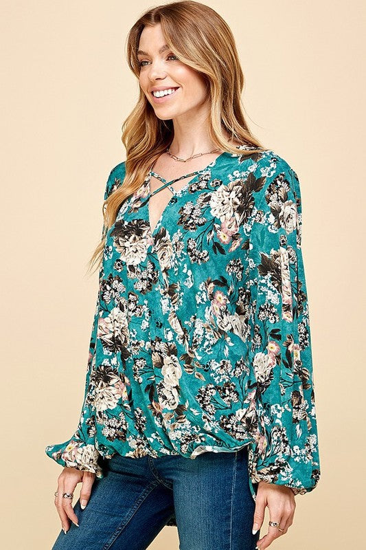 CT 2762 - Floral Criss Cross Cuffed Open Sleeve Top