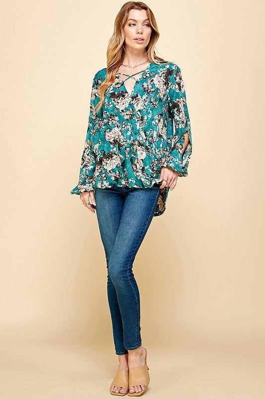 CT 2762 - Floral Criss Cross Cuffed Open Sleeve Top
