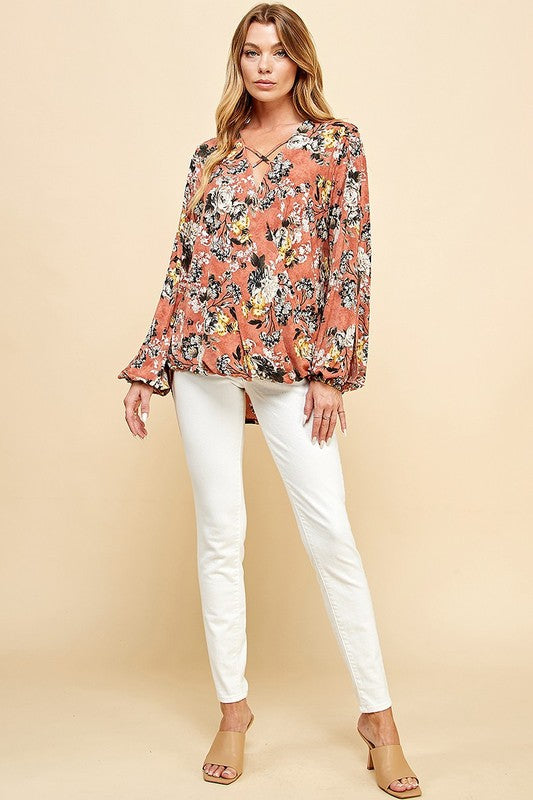 CT 2762 - Floral Criss Cross Cuffed Open Sleeve Top