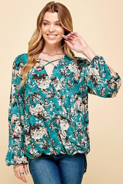 CT 2762 - Floral Criss Cross Cuffed Open Sleeve Top