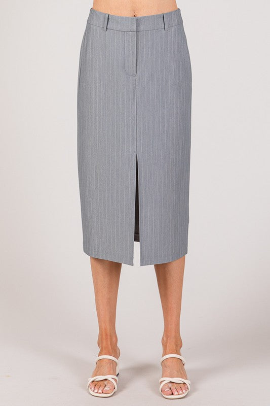 SKT 984 - Pinstriped Slit Long Skirt