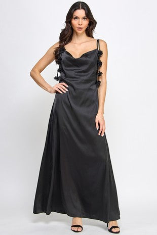 GOWN 421 - Floral Strap Cowl Neck Satin Gown