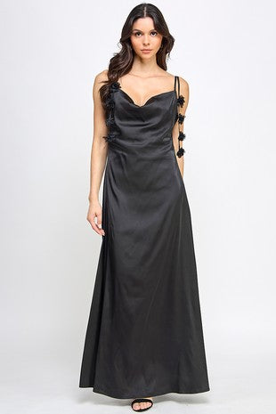 GOWN 421 - Floral Strap Cowl Neck Satin Gown