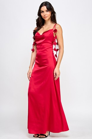 GOWN 421 - Floral Strap Cowl Neck Satin Gown