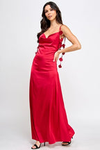 GOWN 421 - Floral Strap Cowl Neck Satin Gown