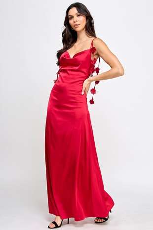 GOWN 421 - Floral Strap Cowl Neck Satin Gown