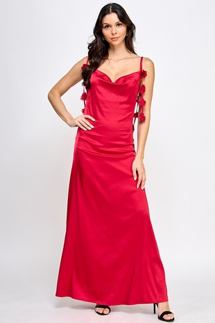 GOWN 421 - Floral Strap Cowl Neck Satin Gown