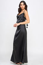 GOWN 421 - Floral Strap Cowl Neck Satin Gown